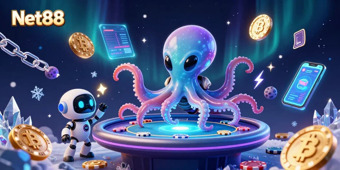 Experience thrilling gaming action with Net88 as an alien octopus runs a holographic poker table.