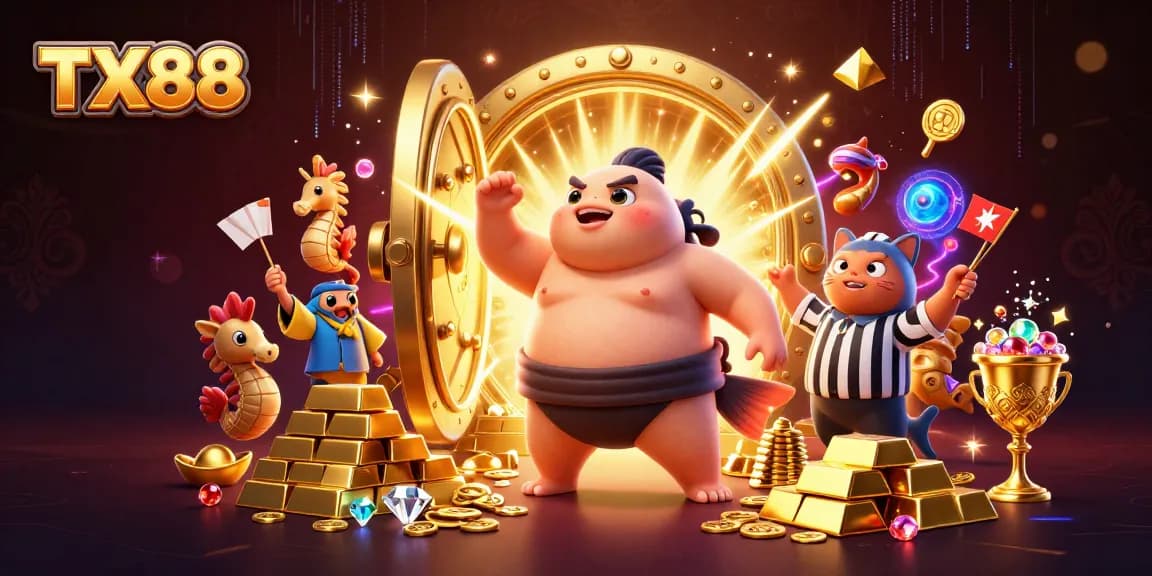 Engage with TX88 in a vibrant casino scene featuring cartoon fugu, catfish referee, and seahorse fans.