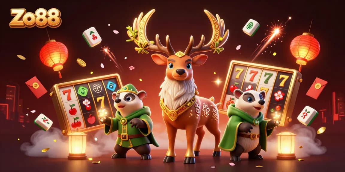 Experience thrilling slots at Zo88 with a festive 3D illustration of a druid stag and dynamic gaming elements.