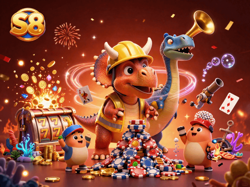 S8-themed 3D casino illustration showcasing a triceratops building poker chips while celebrating with confetti and slot elements.