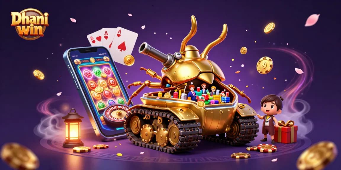 Dhani win casino gaming scene with a golden beetle tank, slot games, and confetti filled atmosphere.
