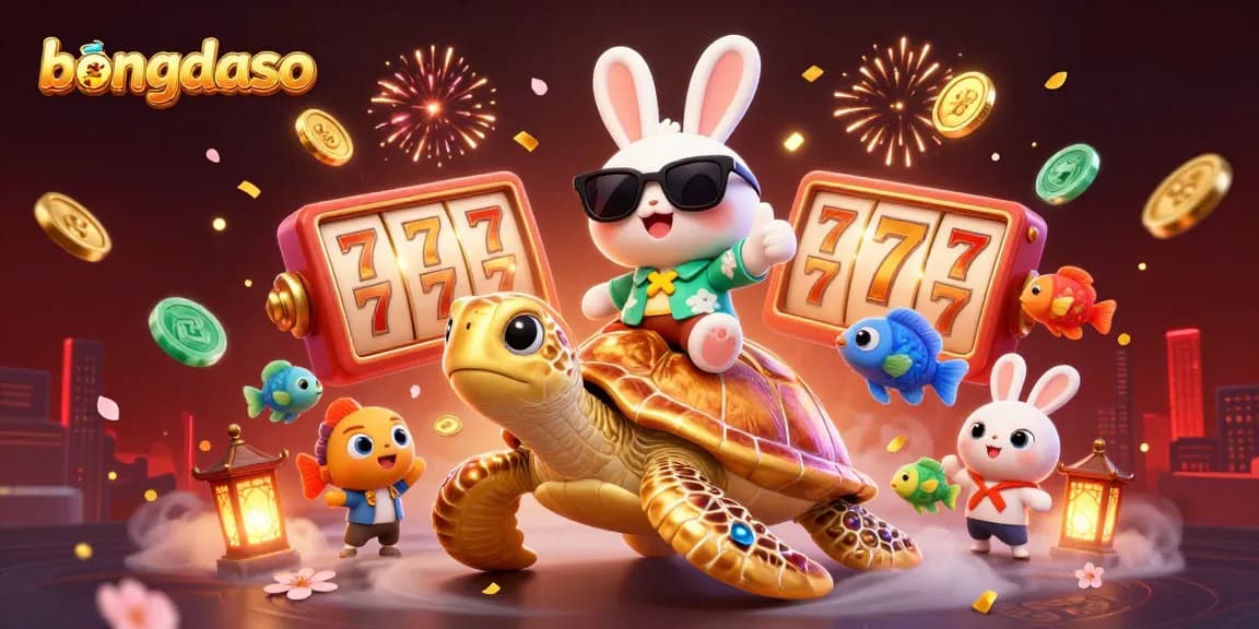 Bongdaso showcases an adorable cartoon rabbit and golden turtle in a vibrant casino scene with lively slot game elements.