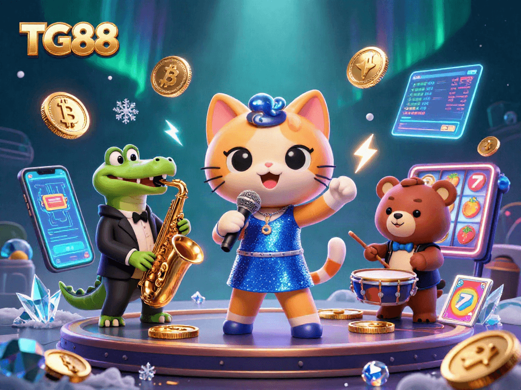TG88 casino scene with a singing cat, saxophone crocodile, and drum bear embodying a vibrant gambling night