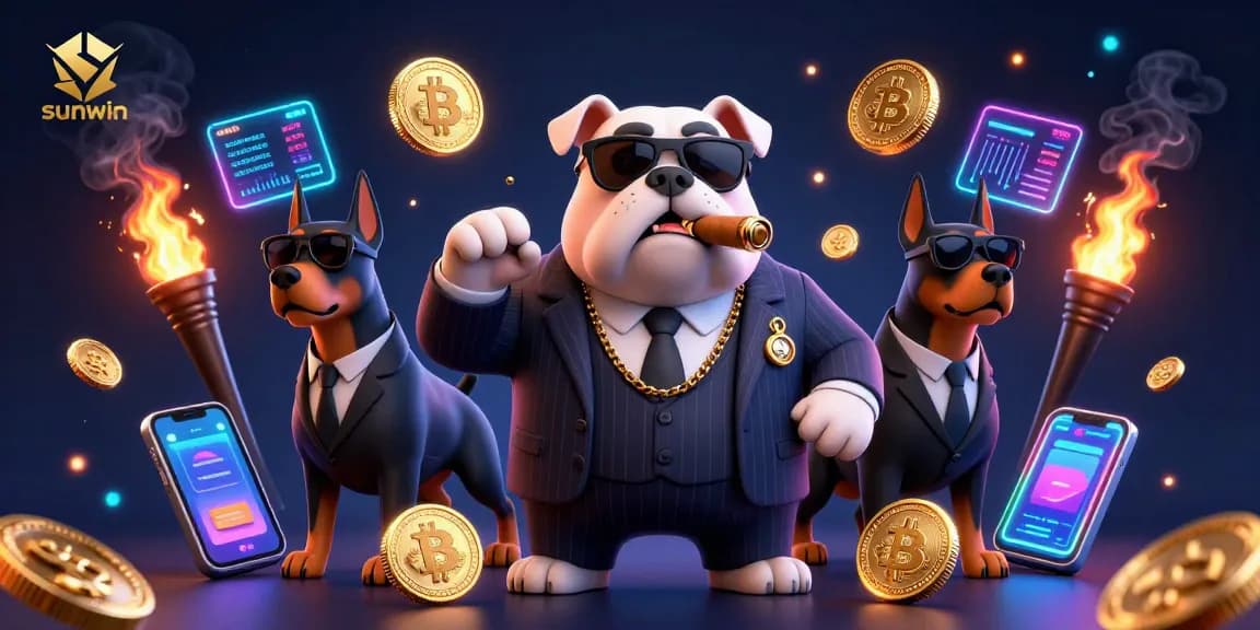 Experience sunwin's thrilling casino atmosphere with a mafia boss and bodyguards amidst vibrant crypto elements.