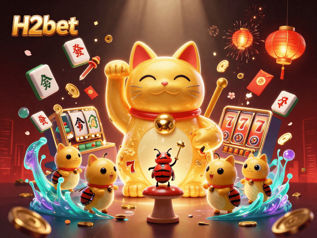 Experience vibrant gaming at H2bet with 3D golden fireflies and lucky symbols.