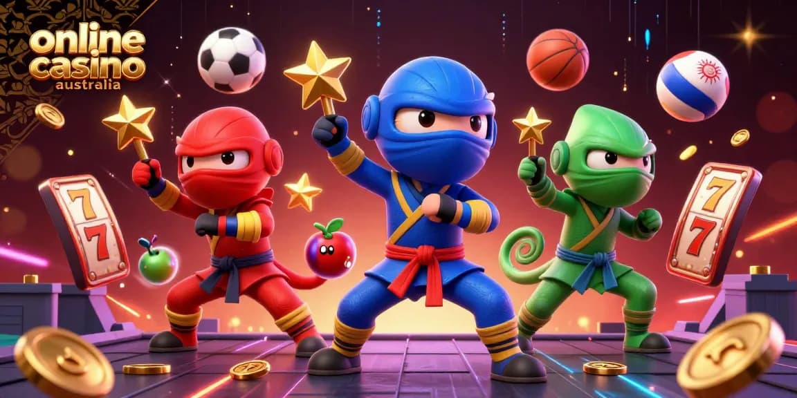 Experience the thrill of online casino Australia with chameleon ninjas and vibrant slot reels.