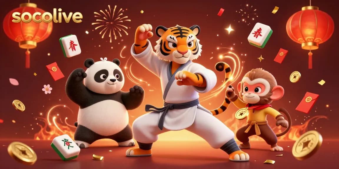 Socolive features a captivating scene with a kung fu tiger master amid gold coins and festive decorations, capturing exhilarating gambling energy.