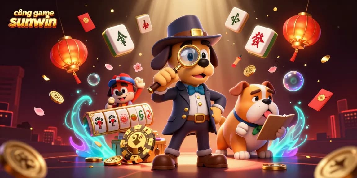 Cổng game sunwin features a detailed 3D cartoon illustration of a detective bloodhound examining clues in a vibrant, dynamic casino scene.