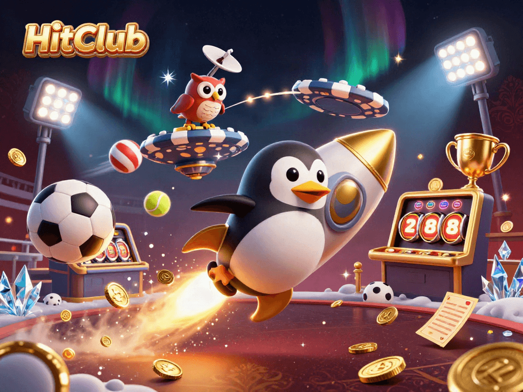HitClub showcases a golden penguin and poker chip space station surrounded by vibrant casino elements.