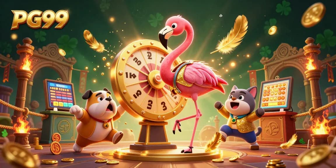 Experience thrilling wins at PG99 with a dynamic game show featuring a flamingo host, bulldog contestant, and scoreboard cat.