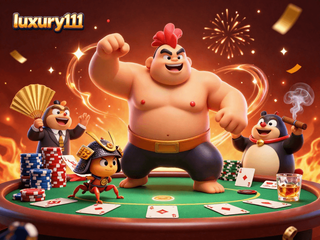 Experience the intensity of luxury111 through a vibrant casino scene of a powerful sumo wrestler and competitive elements