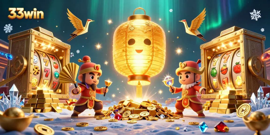 Experience the vibrant world of 33win with a captivating casino scene featuring golden lanterns and sparkling treasures.
