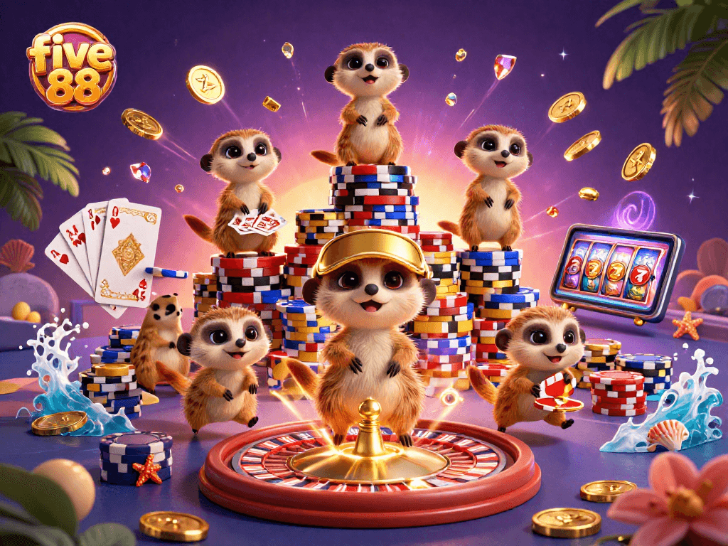 Experience five 88's dynamic casino scene with meerkats amidst cascading winnings and vibrant gaming elements.