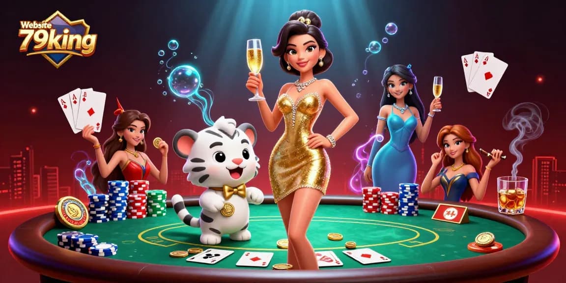 Win big at Website 79king with a glamorous casino scene featuring a woman, cute tiger, and poker elements.