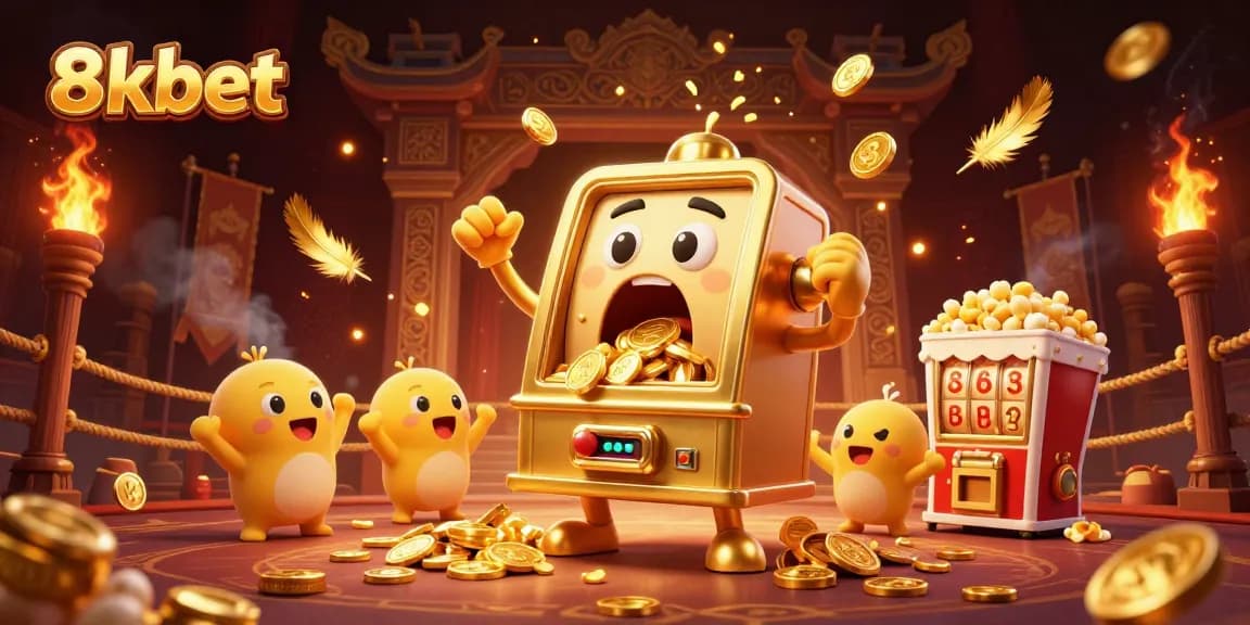 8xbet slot machine hits jackpot with cheering baby slots and popcorn machine in a vibrant casino scene.