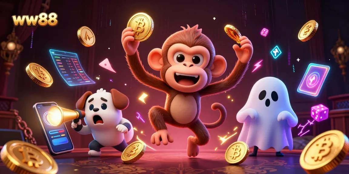 Join the thrill of ww88 as a mischievous monkey juggles lucky coins in a haunted casino with a curious puppy tracking its every move.