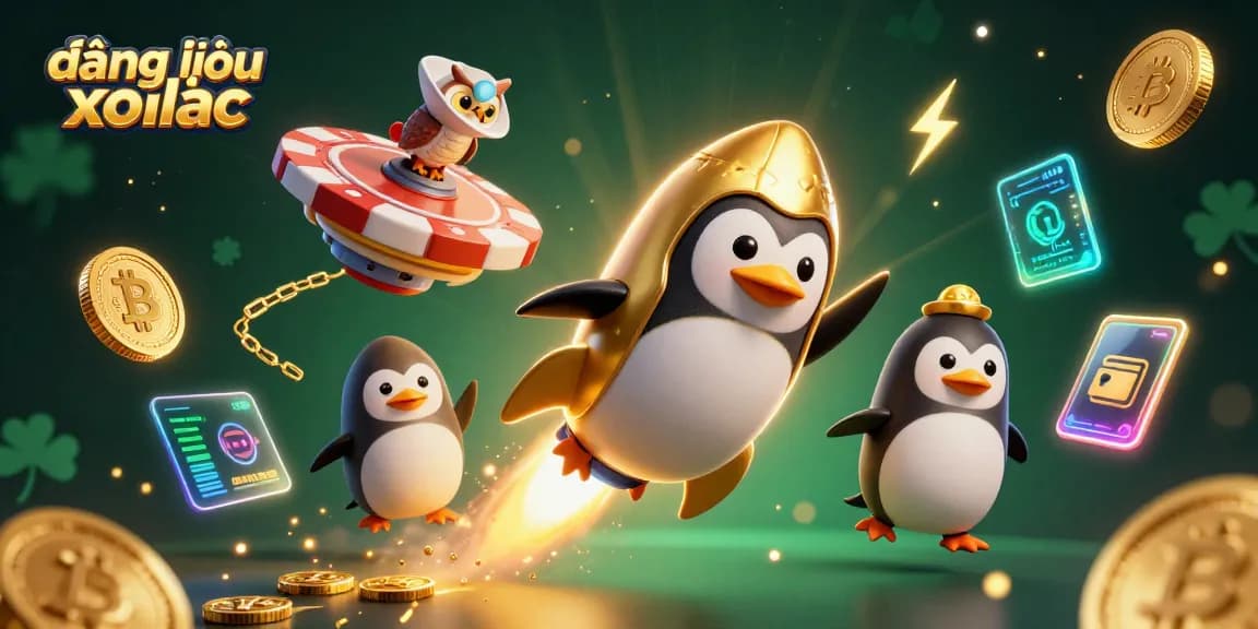 Engage in secure đăng nhập xoilac with a vibrant casino-themed digital illustration showcasing a golden penguin and crypto elements.