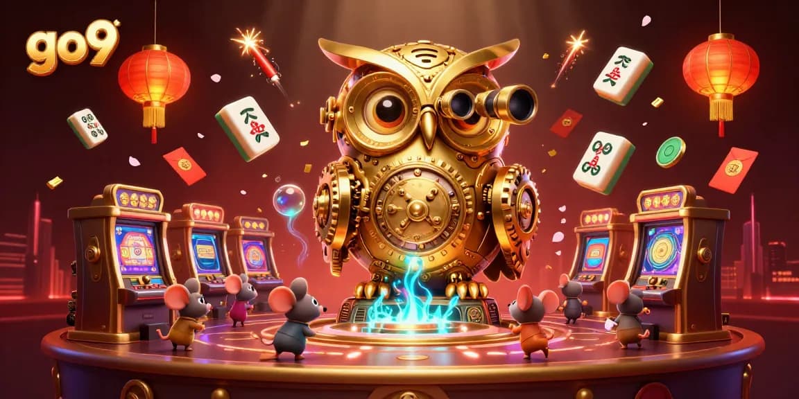 Experience excitement with go9's golden owl and casino elements in this animated scene.
