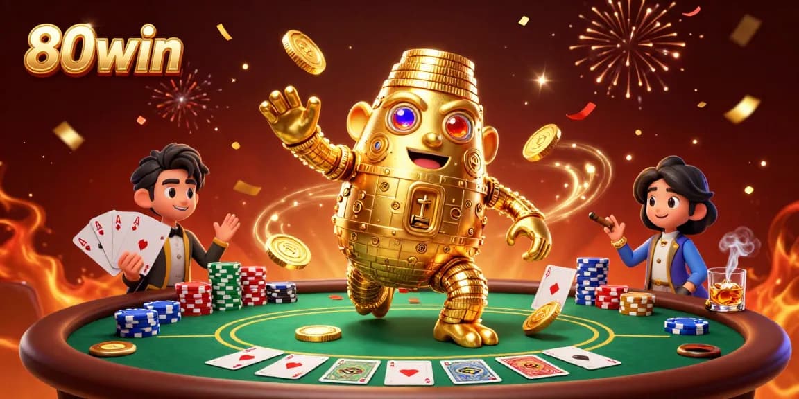 Join the excitement of 80win with a stunning poker scene featuring an animated golden golem and festive casino elements.