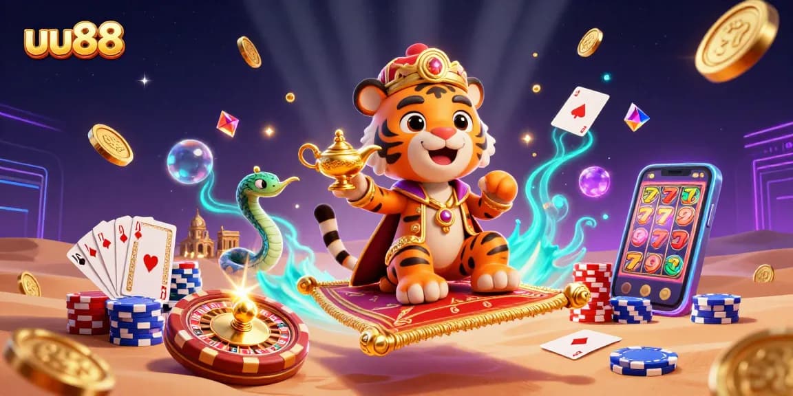 Experience exciting gaming with uu88's vibrant, immersive casino illustration featuring a tiger sultan.