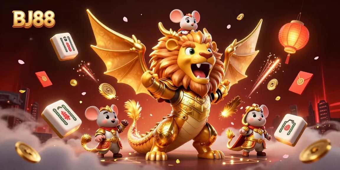 BJ88 showcases a vibrant casino world with a golden chimera and festive gaming elements for thrilling action.