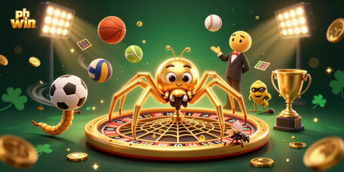 Engage in thrilling bets with PH WIN as a golden spider crafts a roulette web among dynamism and sport elements.