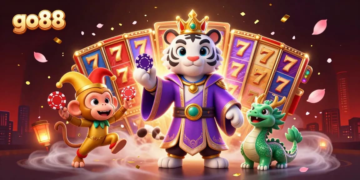Experience thrilling gaming action with go88 in a vibrant casino scene, featuring a tiger, monkey, and dragon!