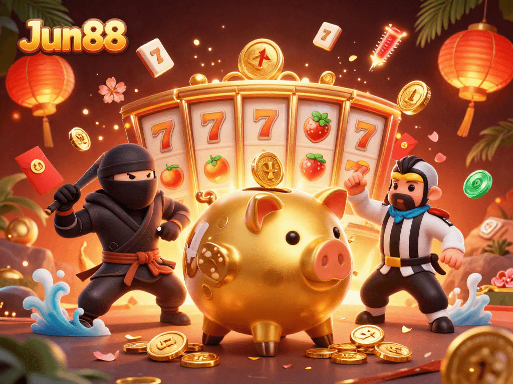 Experience the thrill with Jun88, a vibrant 3D illustration showcasing lucky symbols and engaging characters.