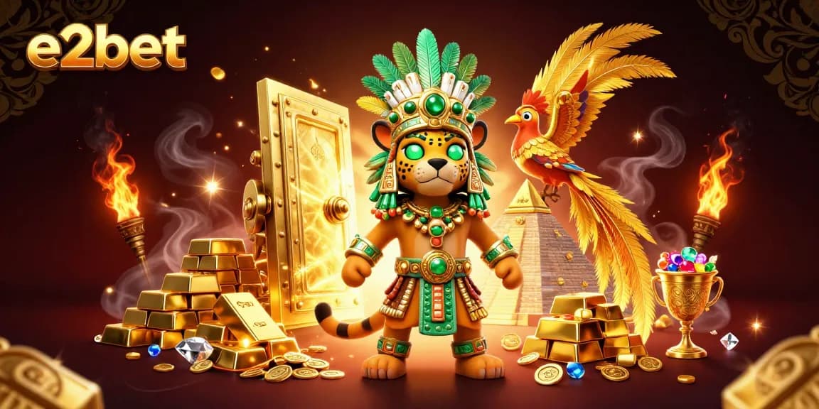 E2bet enhances gaming excitement with a glowing vault scene bursting with treasures and vibrant characters.