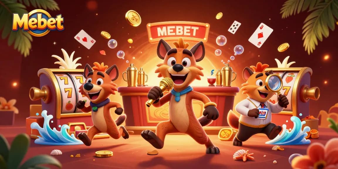 Mebet engages players with vibrant 3D hyenas in a lively casino club scene, showcasing slot reels and drinks.