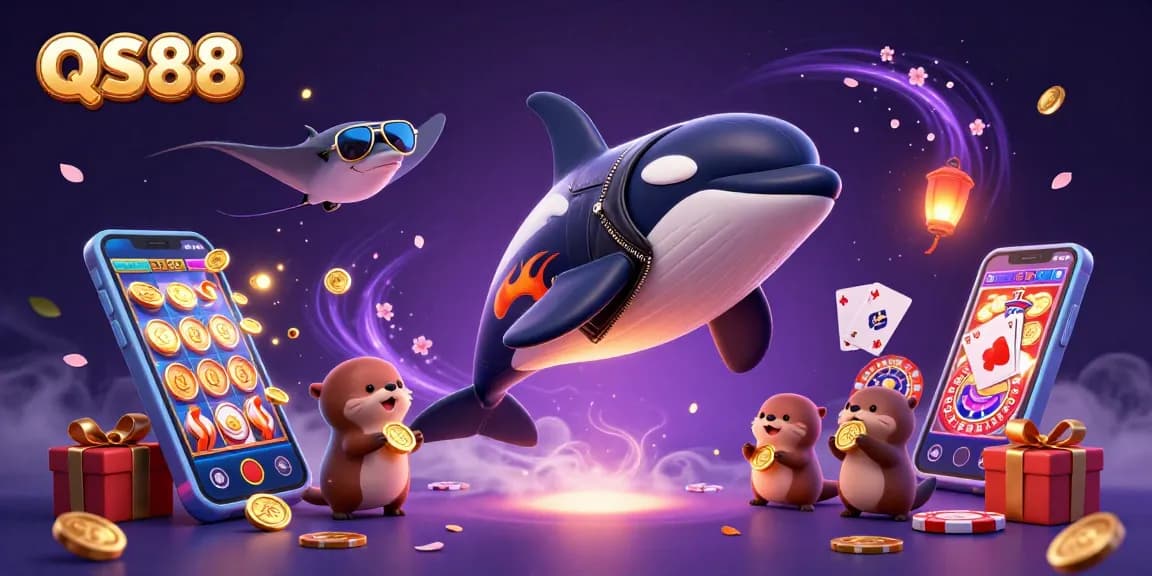 Experience QS88's thrilling entertainment with a jumping orca, cool stingray, and sea otters enjoying golden coins.