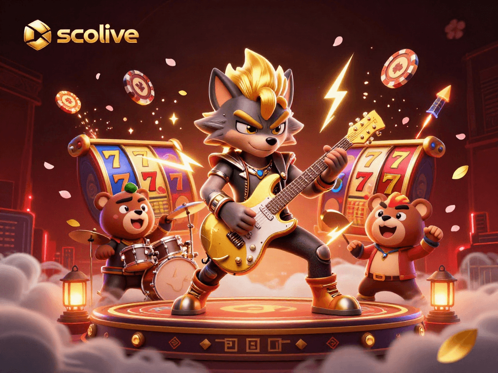 Socolive promotes thrilling casino action with a vibrant 3D scene of a rock star wolf and a bear drummer amidst slot reels.