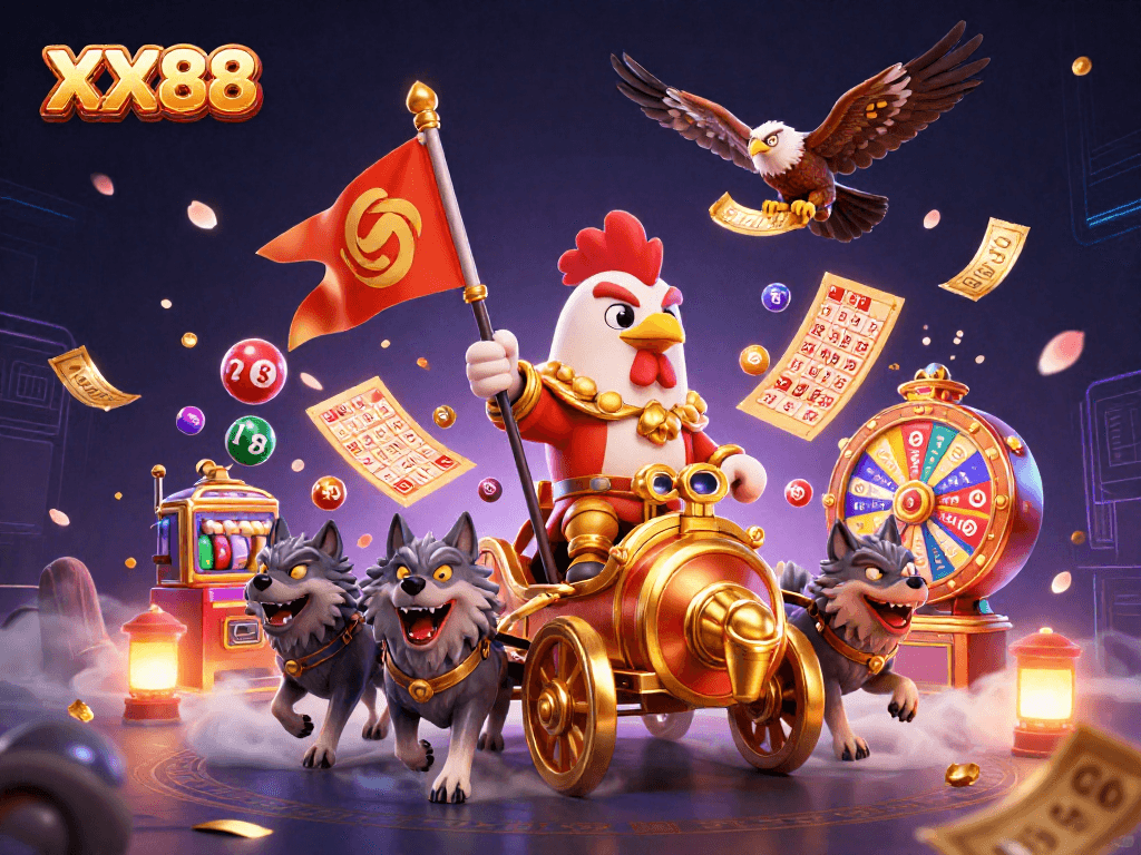 Experience the excitement of XX88 with a vibrant 3D illustration of a rooster warlord and dynamic gambling elements.