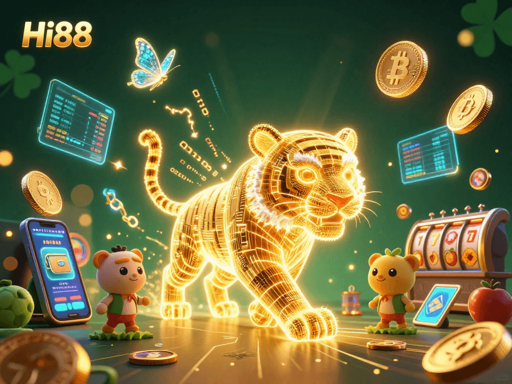 Engage in thrilling gambling action at Hi88 with an energetic tiger prowling a digital casino.
