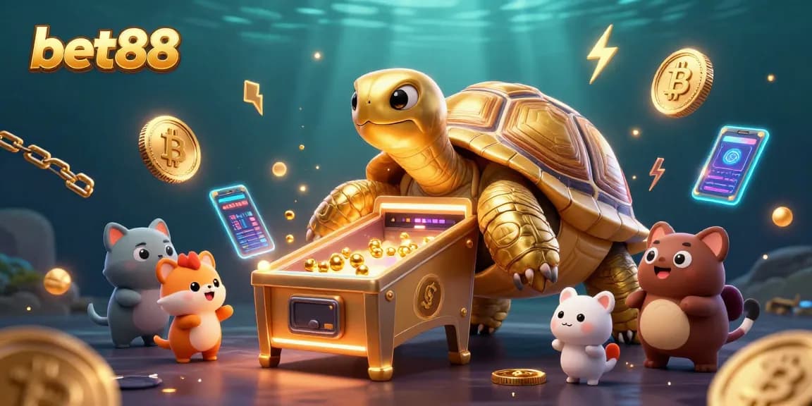 Experience the excitement at bet88 with the golden tortoise pinball machine and vibrant crypto elements.