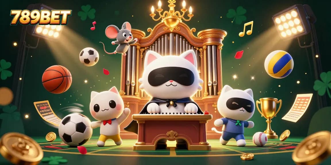 Engage in action-packed gaming with 789BET's vibrantly illustrated casino scene featuring sports balls, characters, and musical notes.