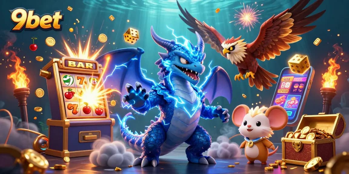 Experience electrifying thrills with 9bet, featuring dynamic casino elements and animated characters.