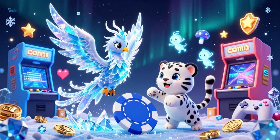 Bet on colorful games at 58win featuring playful ice phoenix and glowing sprites in a 3D casino scene.