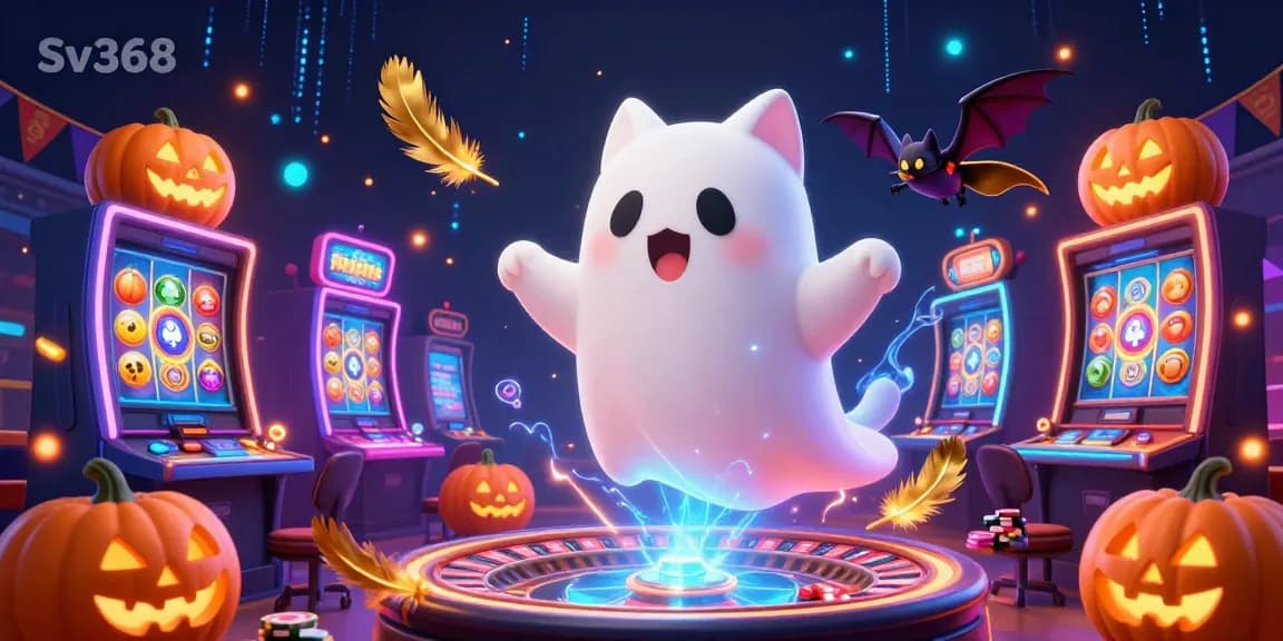 Experience winning thrills at Sv368's vibrant casino scene with floating ghost cat, bat, and glowing symbols.