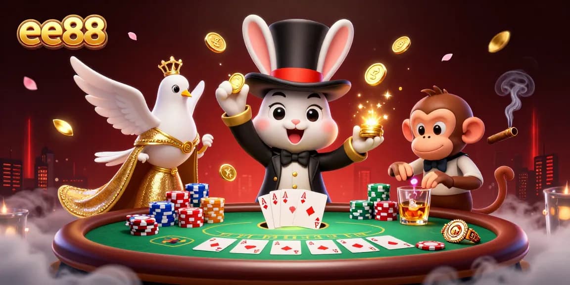 ee88 showcases a magician rabbit pulling golden coins at a poker table, highlighting casino excitement.