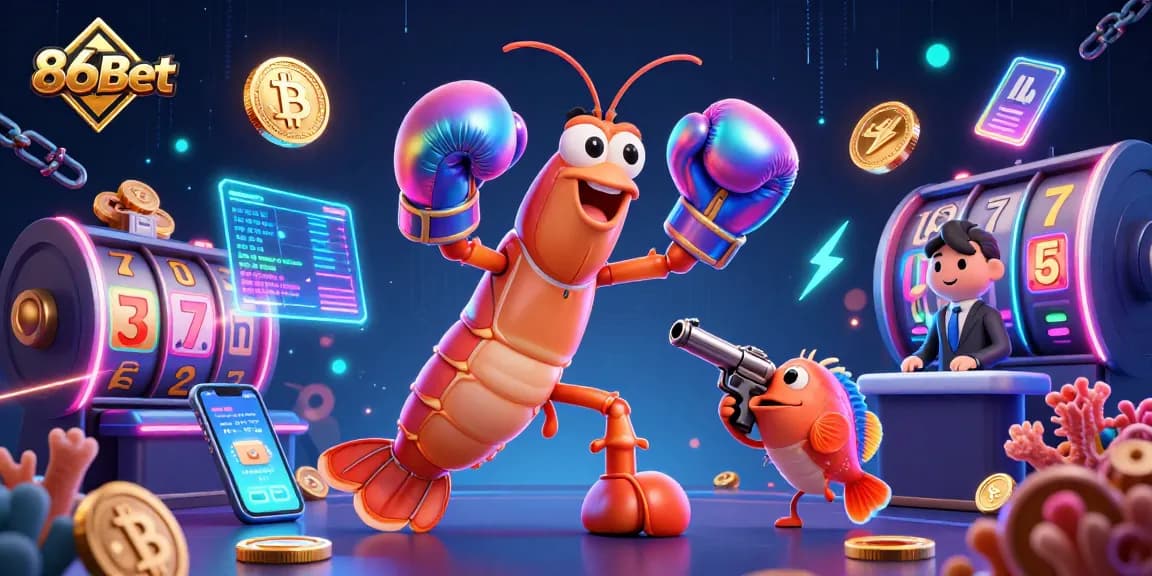 Engage in 86Bet casino fun with a dynamic scene featuring vibrant characters and crypto elements.