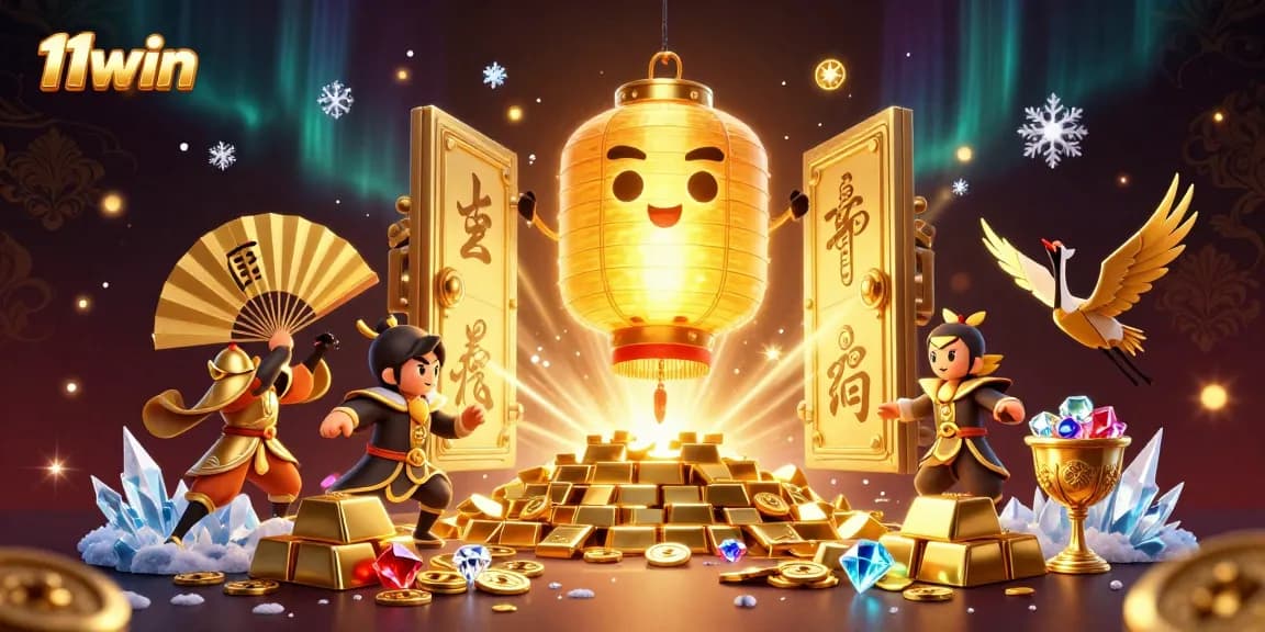 Experience thrilling gaming with 11win in this vibrant 3D casino art featuring gold treasures and lucky symbols.