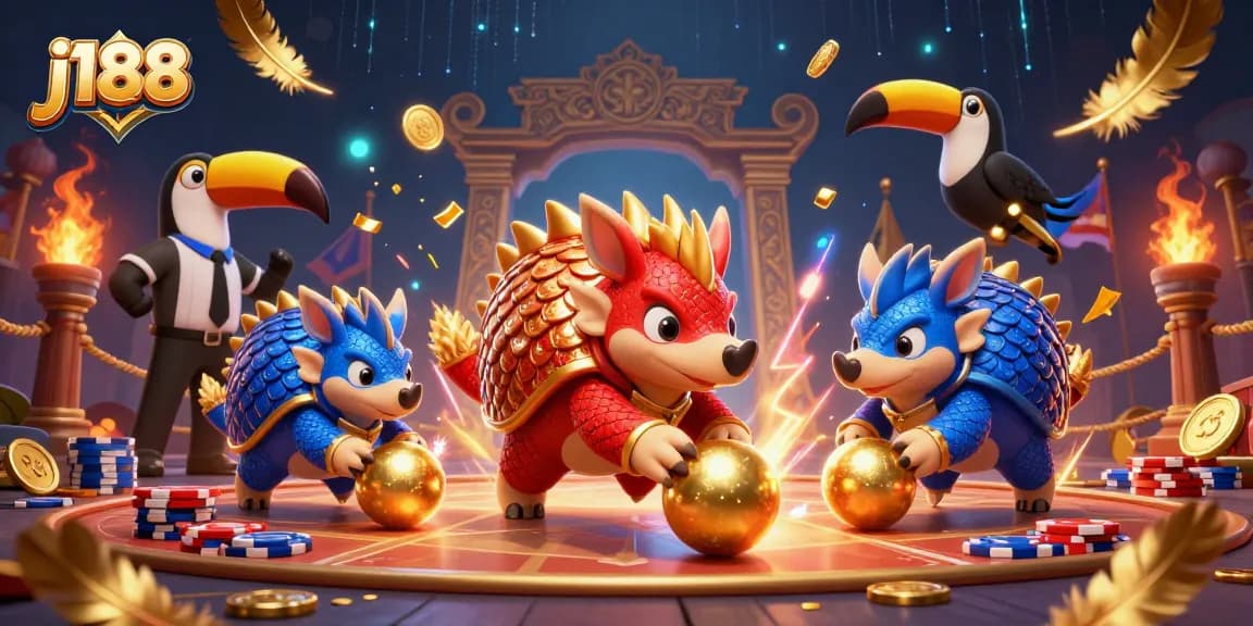 Experience thrilling j188 gameplay with rival pangolins battling through gold coins and poker chips.