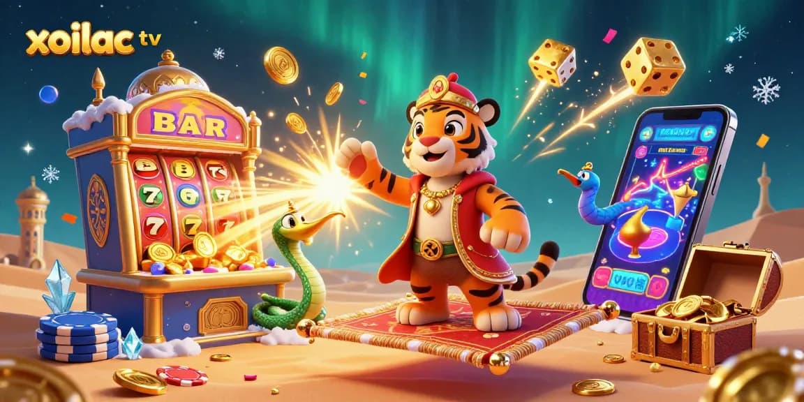 Xoilac TV features a vibrant casino scene with a sultan sliding on a carpet of poker chips, surrounded by dazzling gambling elements.