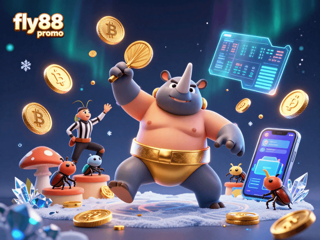 Experience the excitement of fly88 promo with a vibrant animated scene featuring a sumo champion beetle and glowing digital currency.
