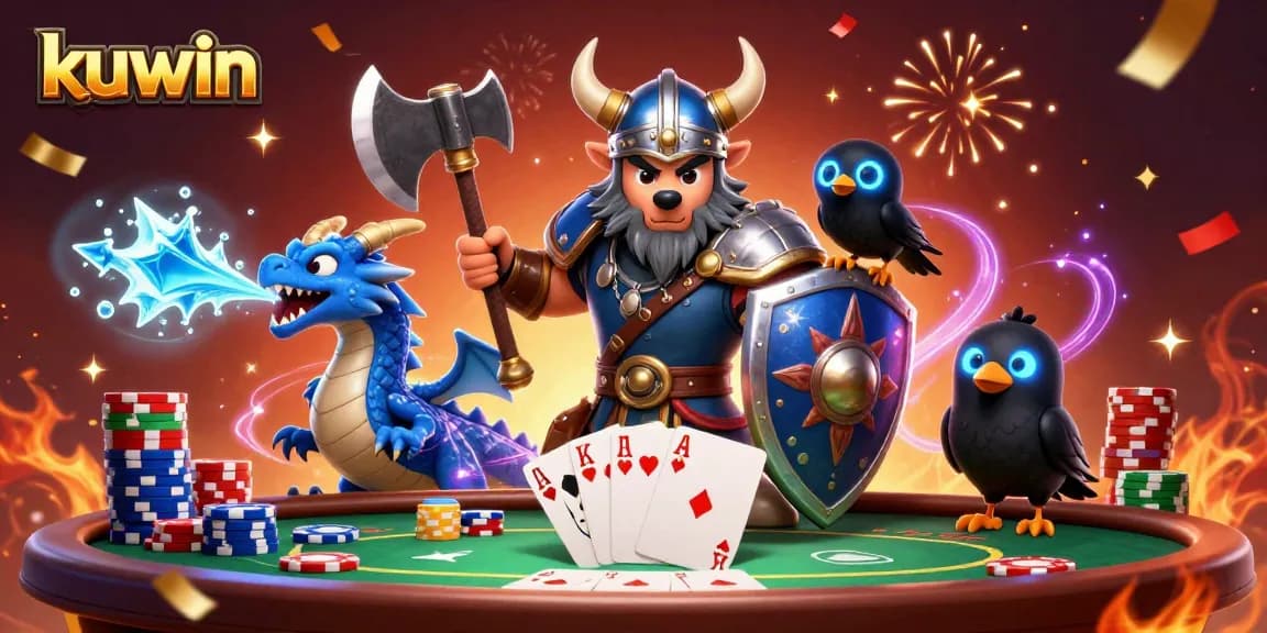 Engage in exciting casino action with kuwin as vibrant characters celebrate with poker elements and rich colors.