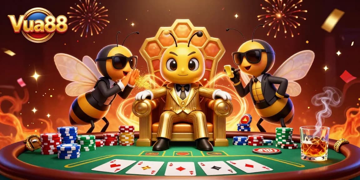 Experience the thrill with Vua88's vibrant gaming scene featuring poker elements and animated characters.