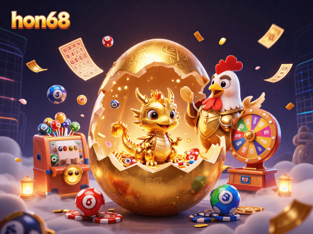 hon68 reveals a golden baby dragon on poker chips amidst a vibrant online casino scene filled with lottery balls and prizes.