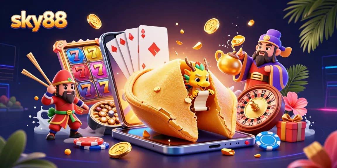 Spin the reels at sky88's vibrant casino with golden fortune cookie and dragon treasures.