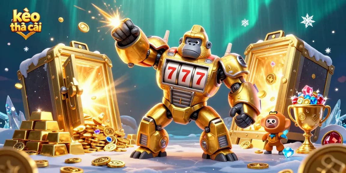 Experience thrilling kèo nhà cái action as a golden gorilla mech launches coins from a gigantic treasure vault.